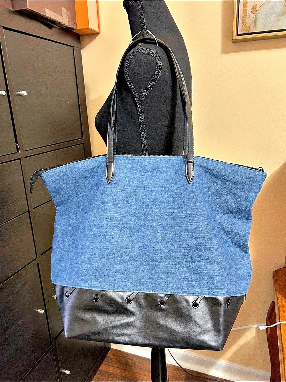 Victoria's Secret Denim & Black Faux Leather Tote - Picture 3 of 11